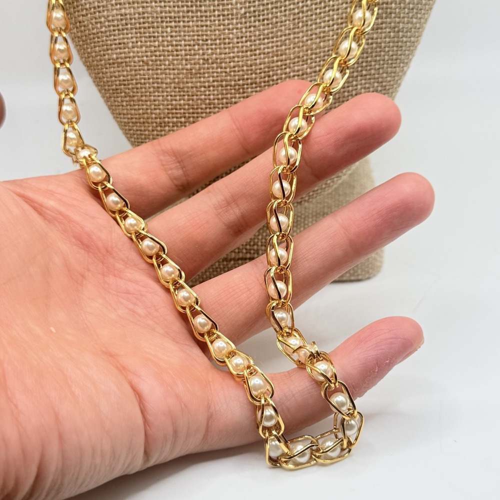 Vintage Napier Necklace Gold Tone Link White Faux Pearl 28"